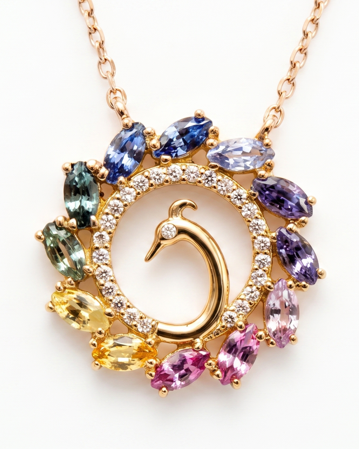 Peacock Splendor Necklace in 18K yellow gold, front view — Ceylon Artisans (18kt Yellow Gold)