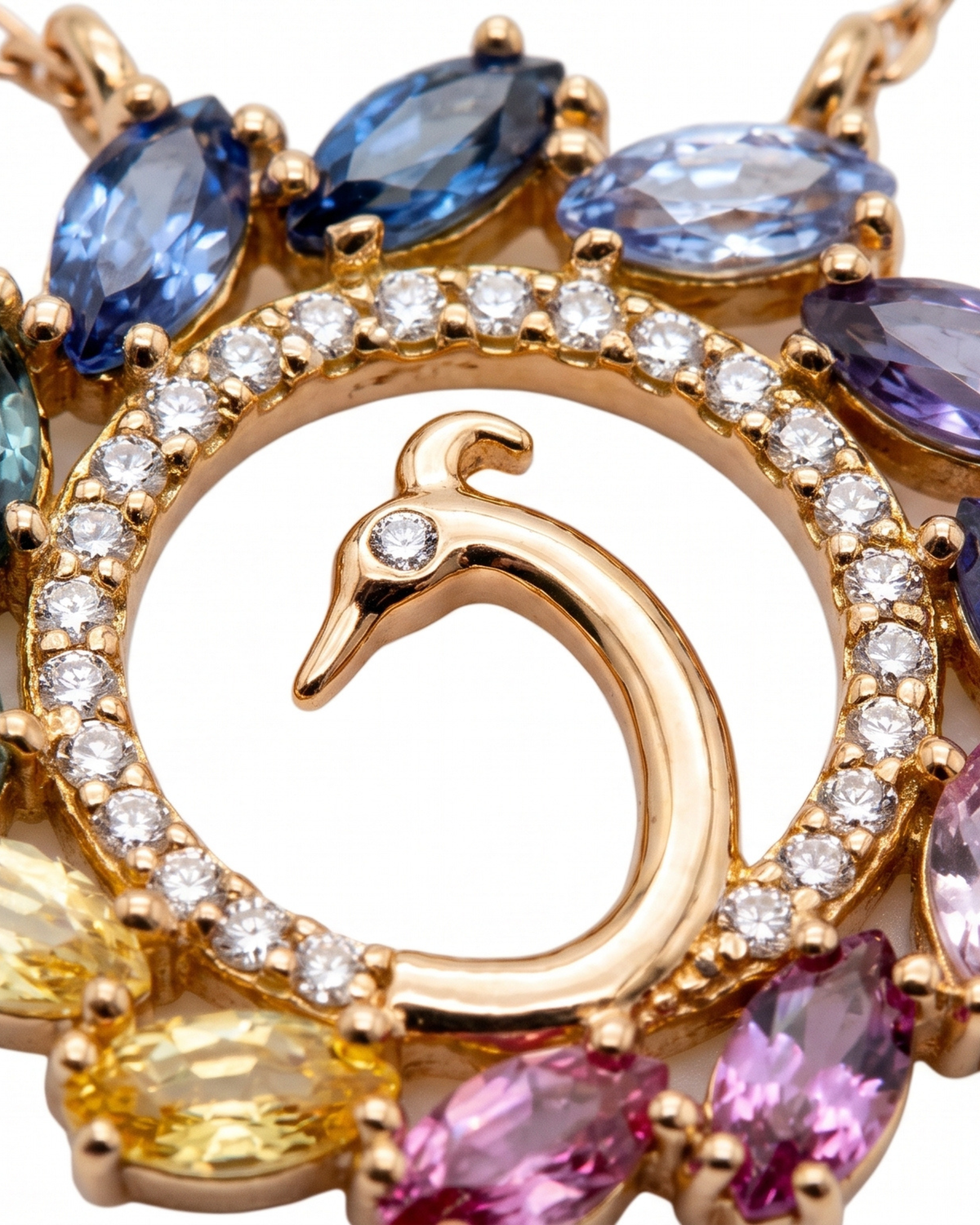 Peacock Splendor Necklace in 18K yellow gold, closeup view — Ceylon Artisans (18kt Yellow Gold)