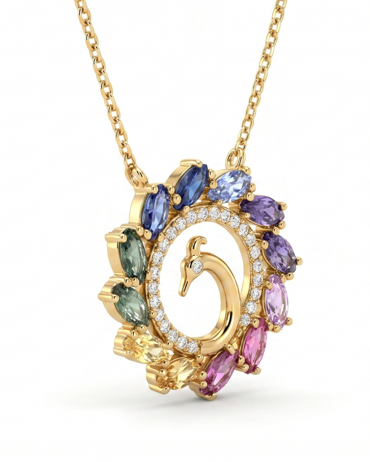 Peacock Splendor Necklace in 18K yellow gold, side view — Ceylon Artisans (18kt Yellow Gold)