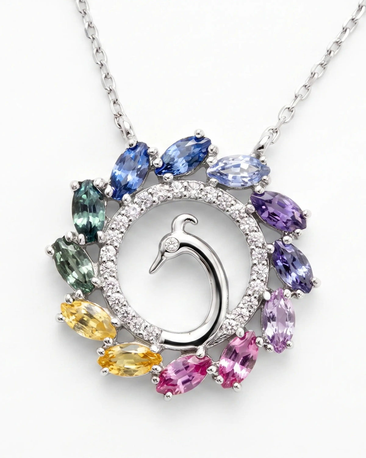 Peacock Splendor Necklace in 18K white gold, front view — Ceylon Artisans (18kt White Gold)