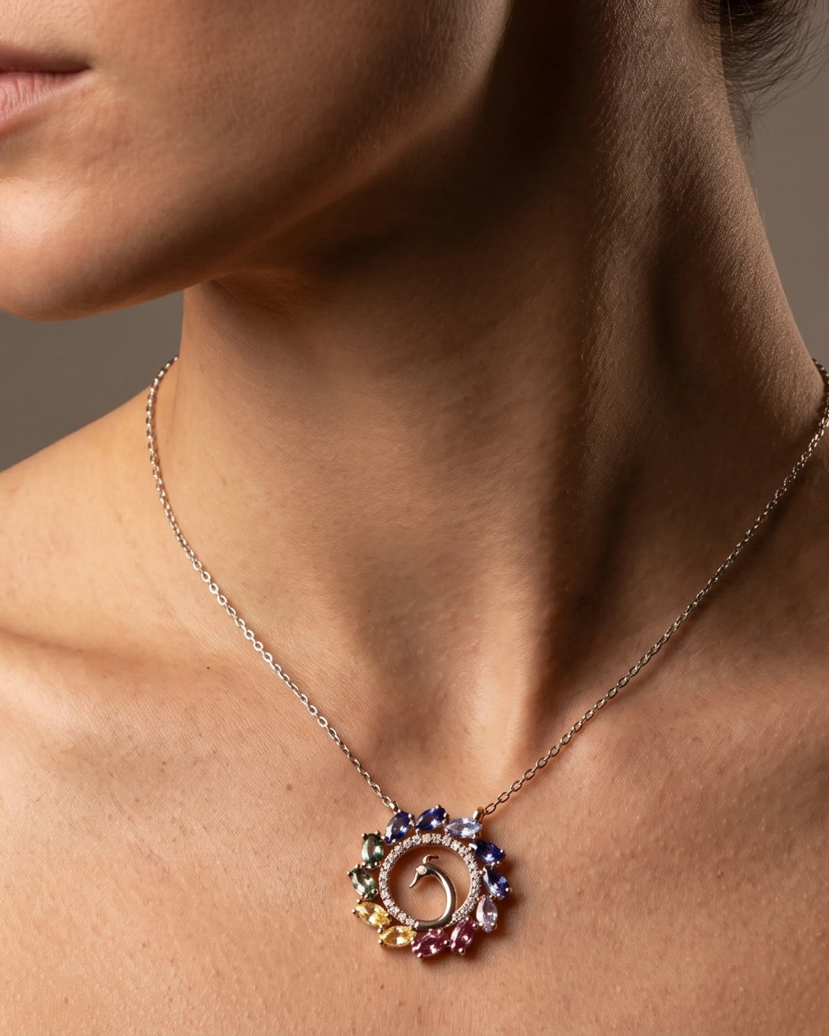 Peacock Splendor Necklace in 18K white gold, worn view — Ceylon Artisans (18kt White Gold)