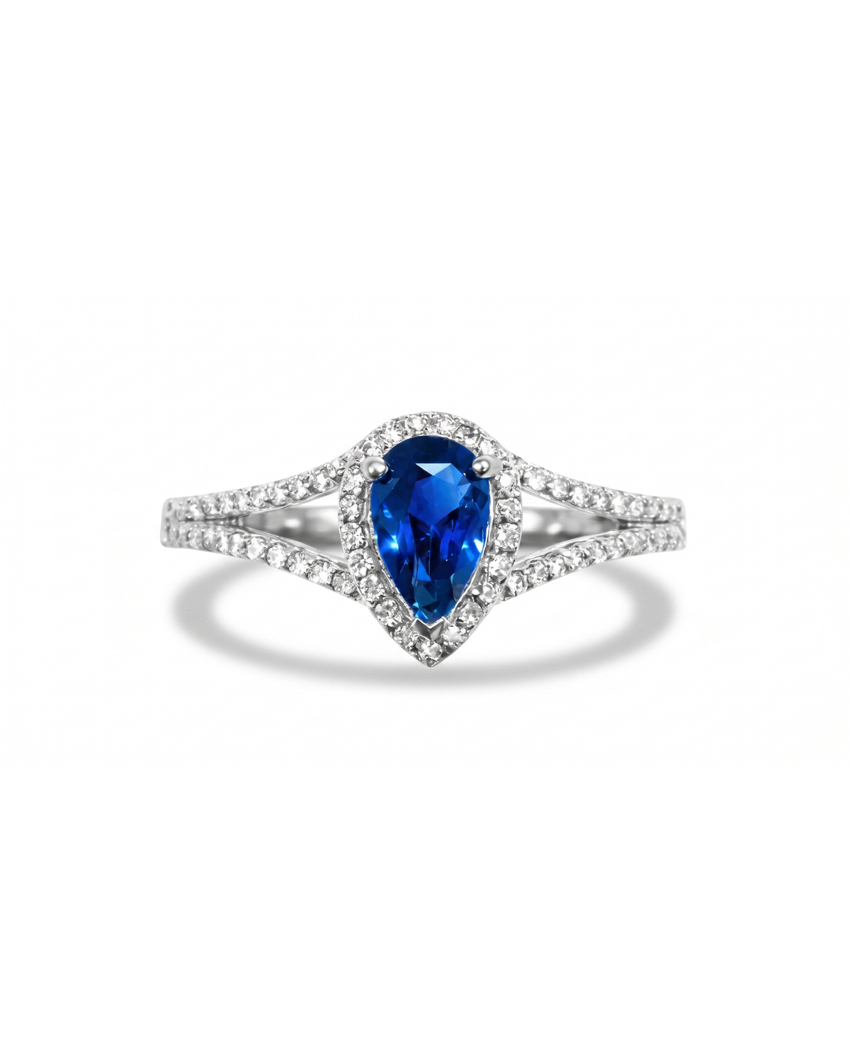 1ct Pear Blue Sapphire Halo Engagement Ring – 18K White Gold — front view