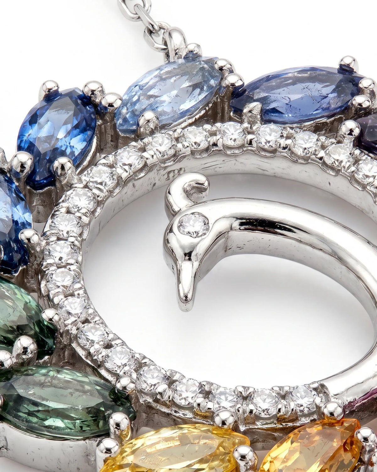 Peacock Splendor Necklace in 18K white gold, closeup view — Ceylon Artisans (18kt White Gold)