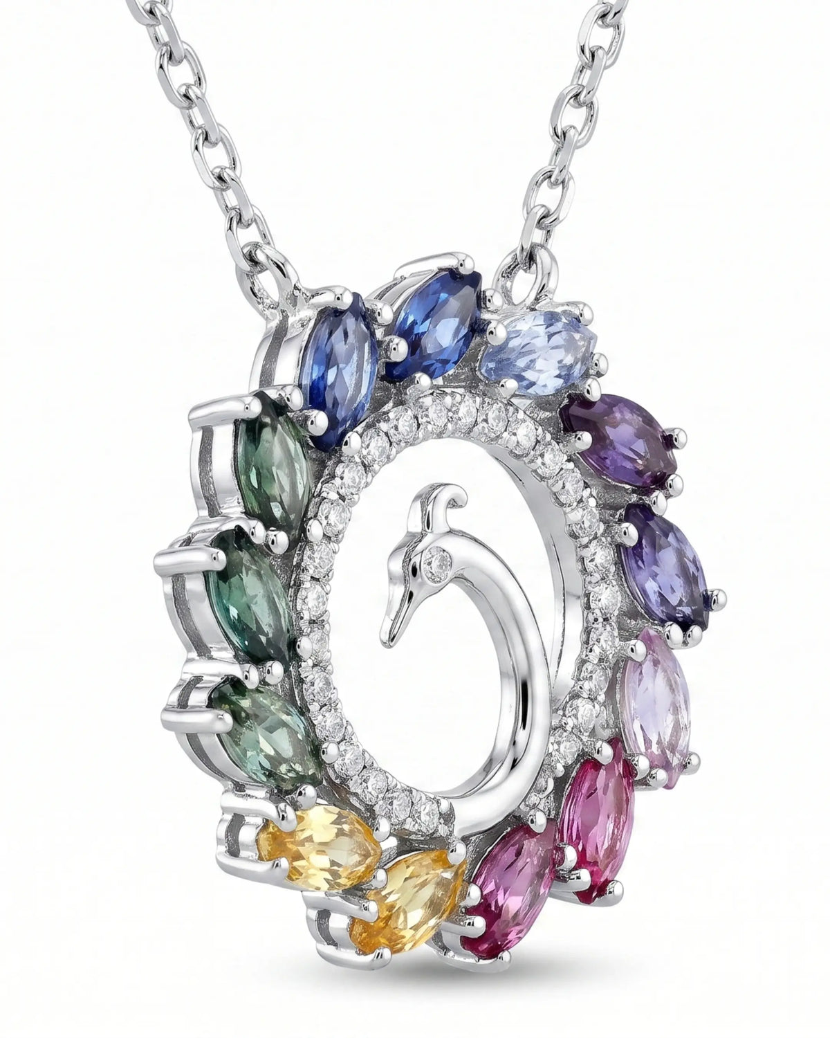 Peacock Splendor Necklace in 18K white gold, side view — Ceylon Artisans (18kt White Gold)