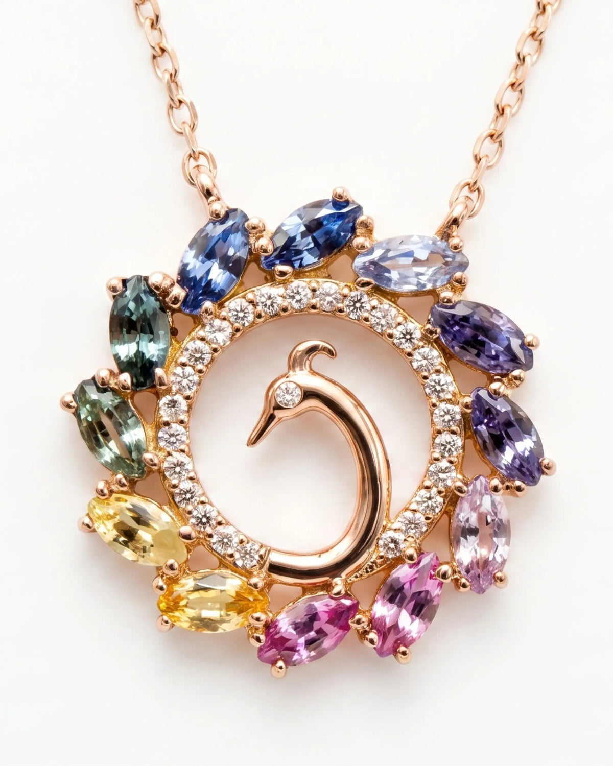 Peacock Splendor Necklace in 18K rose gold, front view — Ceylon Artisans (18kt Rose Gold)