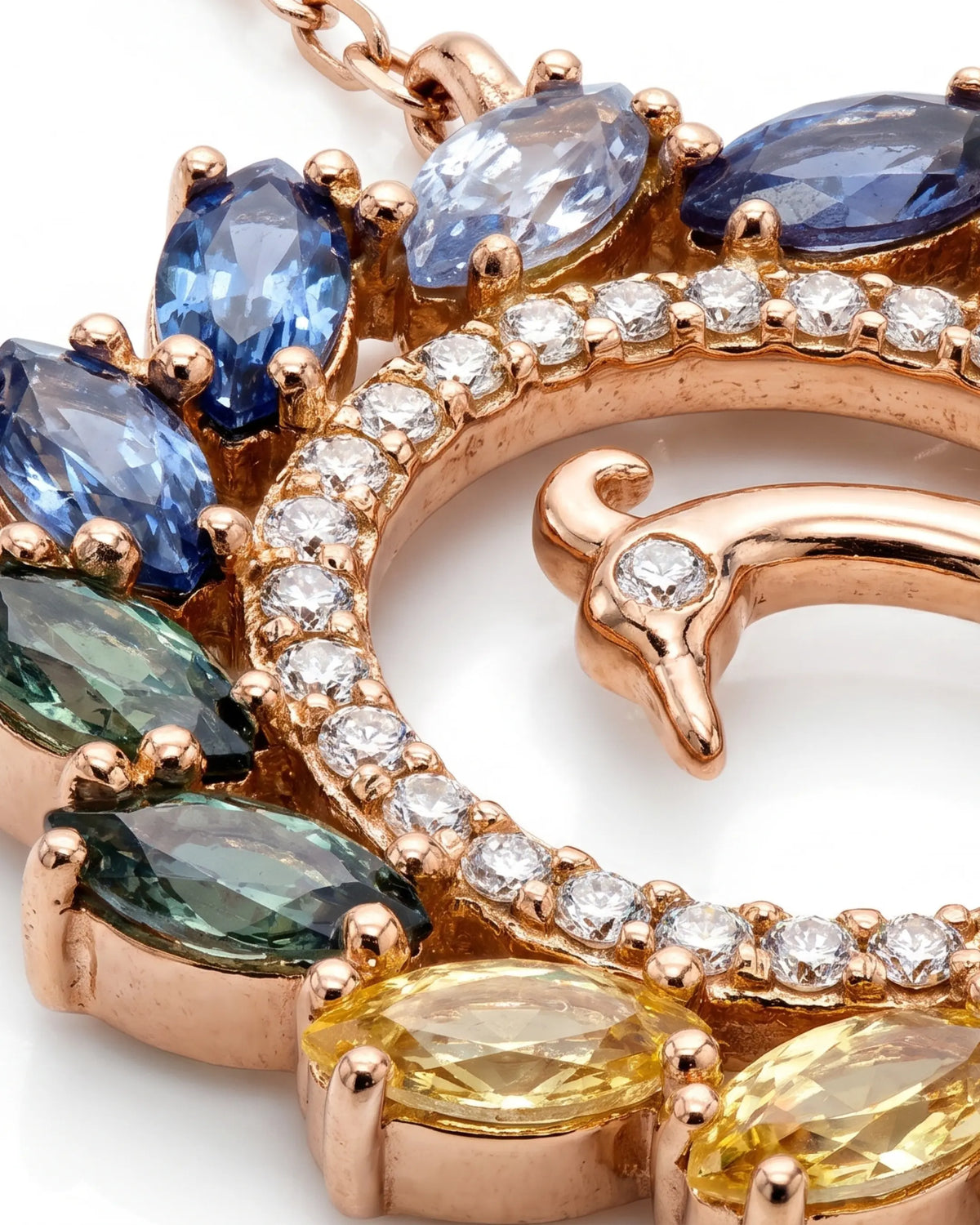 Peacock Splendor Necklace in 18K rose gold, closeup view — Ceylon Artisans (18kt Rose Gold)