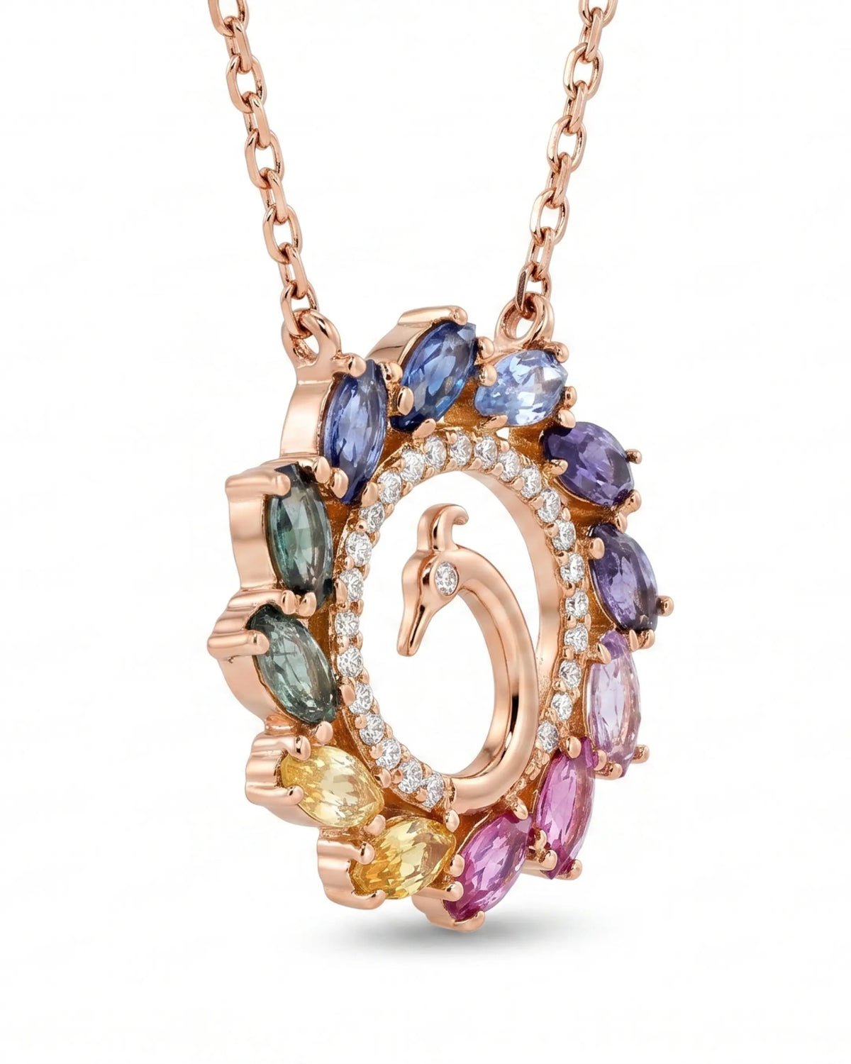 Peacock Splendor Necklace in 18K rose gold, side view — Ceylon Artisans (18kt Rose Gold)