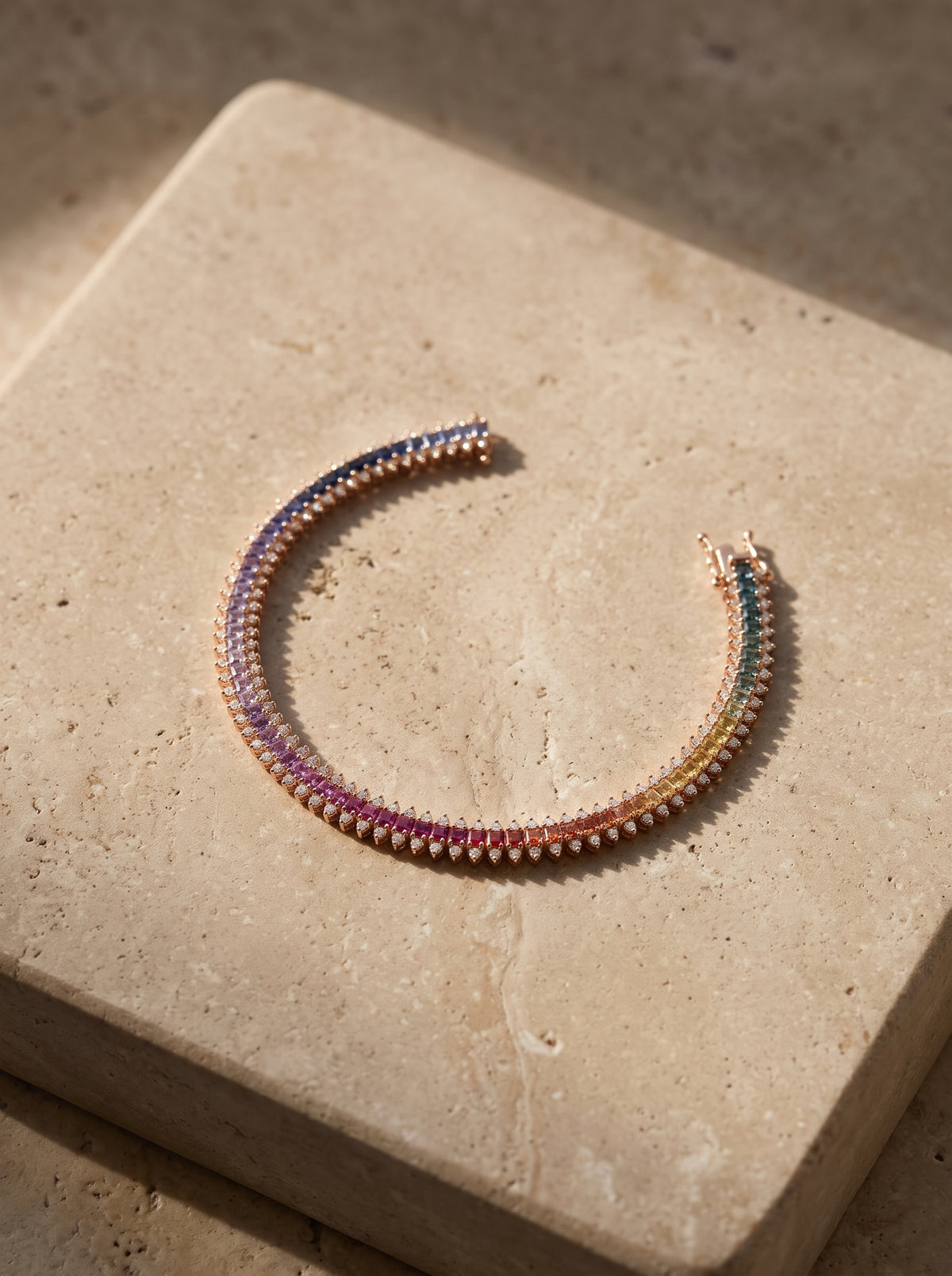 5ct Rainbow Sapphire & Diamond Tennis Bracelet — styled view