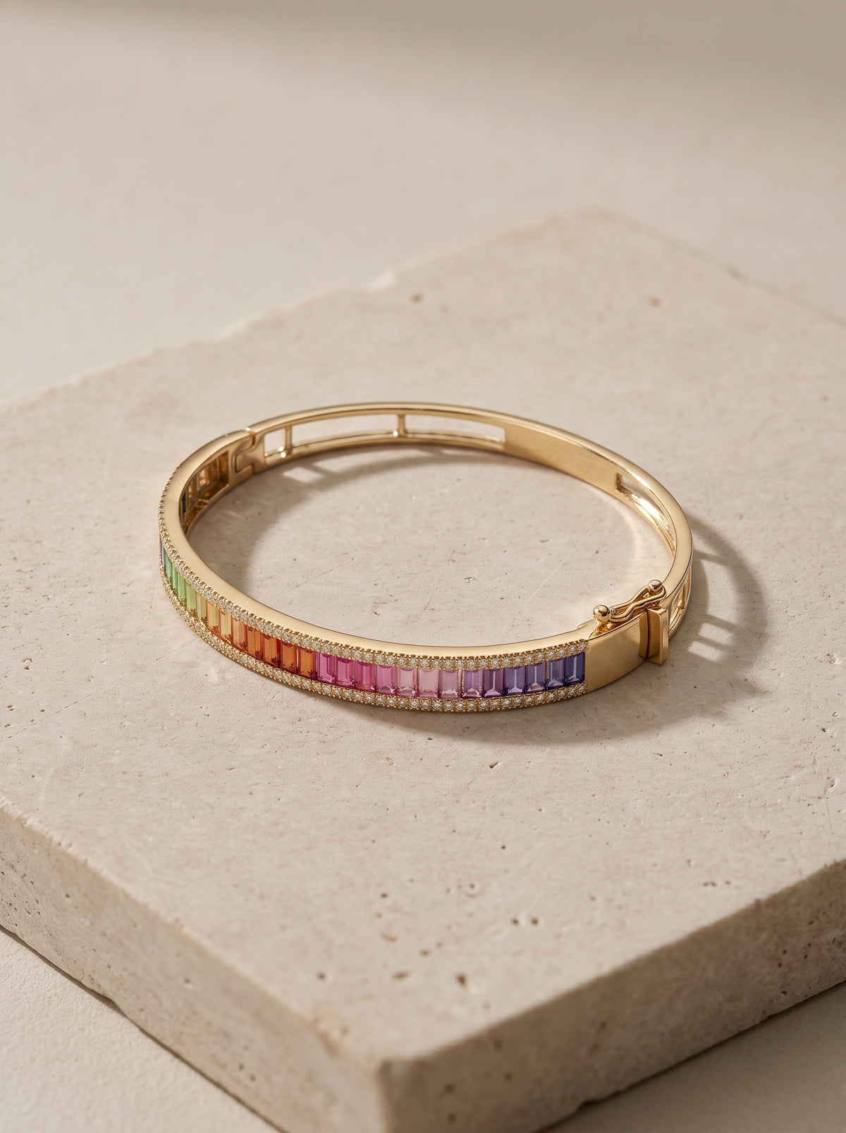 2.3ct Rainbow Sapphire Baguette Bangle – 18K Gold — styled view