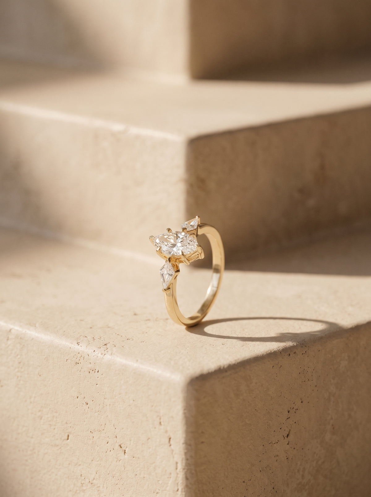 1.4ct Marquise Diamond Three-Stone Engagement Ring — styled view