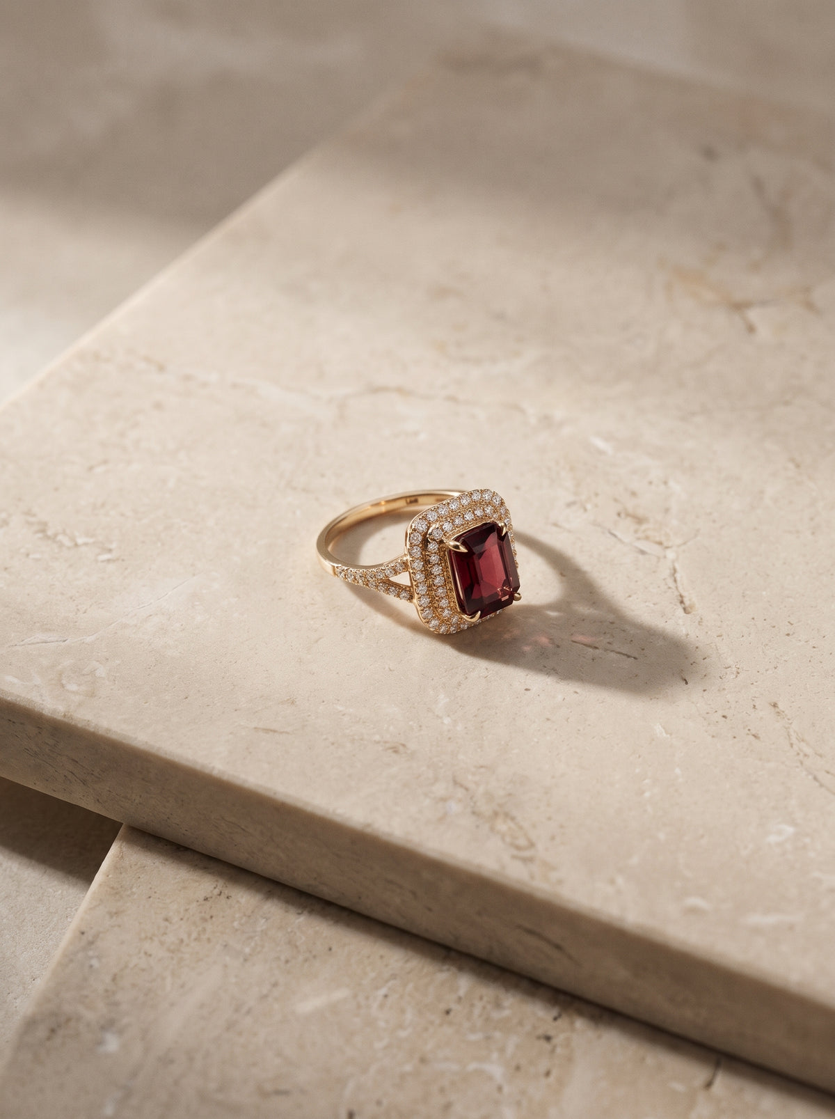 3.4ct Emerald-Cut Garnet Double Halo Ring