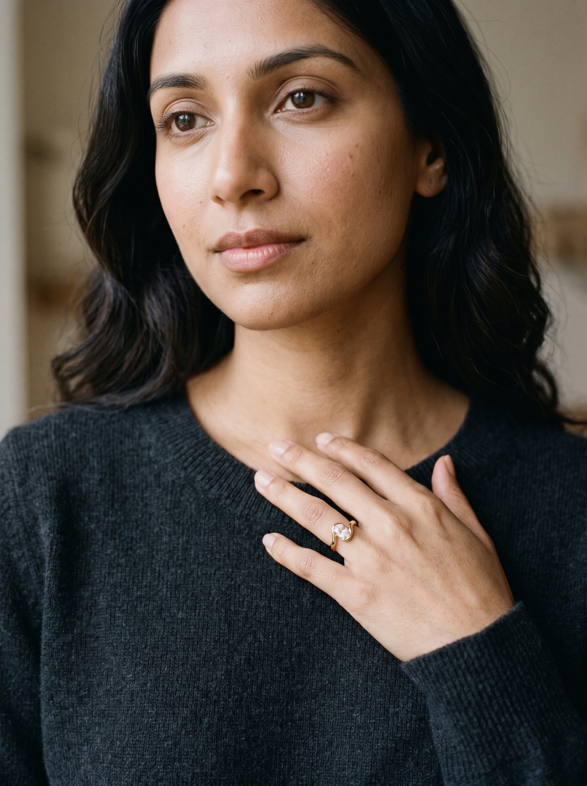 Oval Diamond Bezel Bypass Engagement Ring — worn