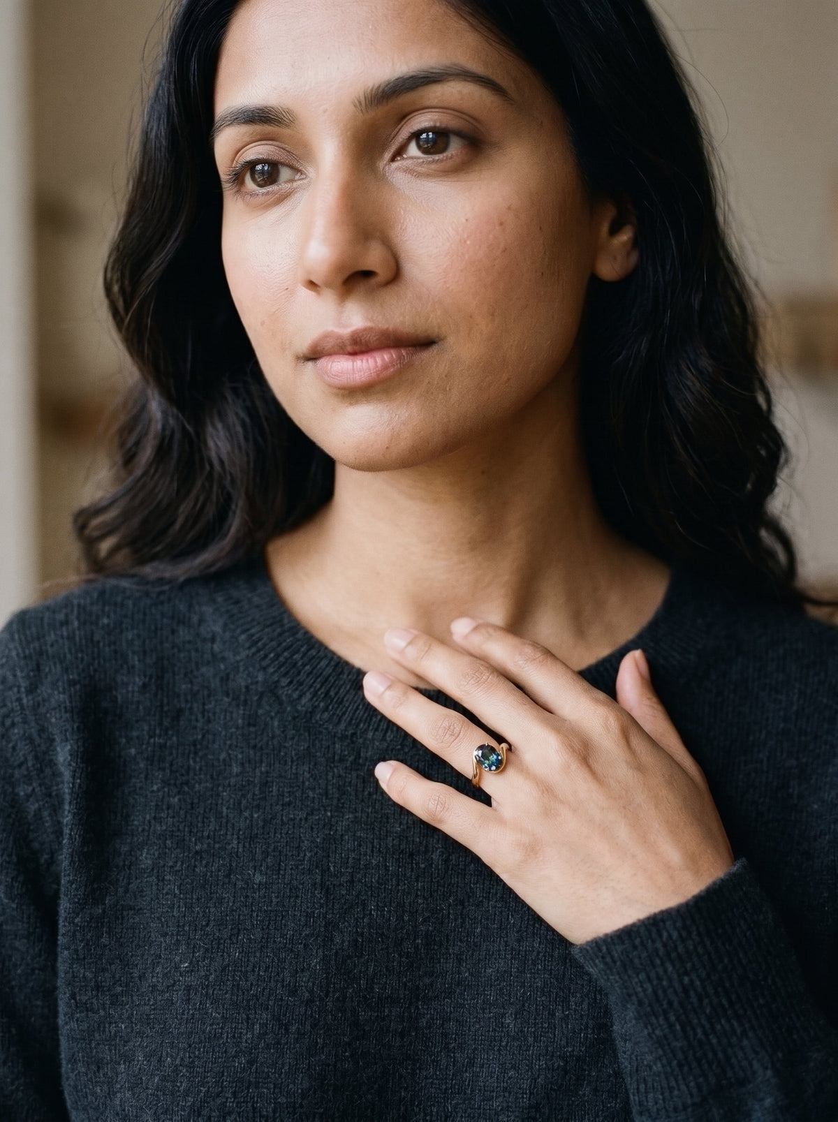 Oval Teal Sapphire Bezel Bypass Engagement Ring — worn