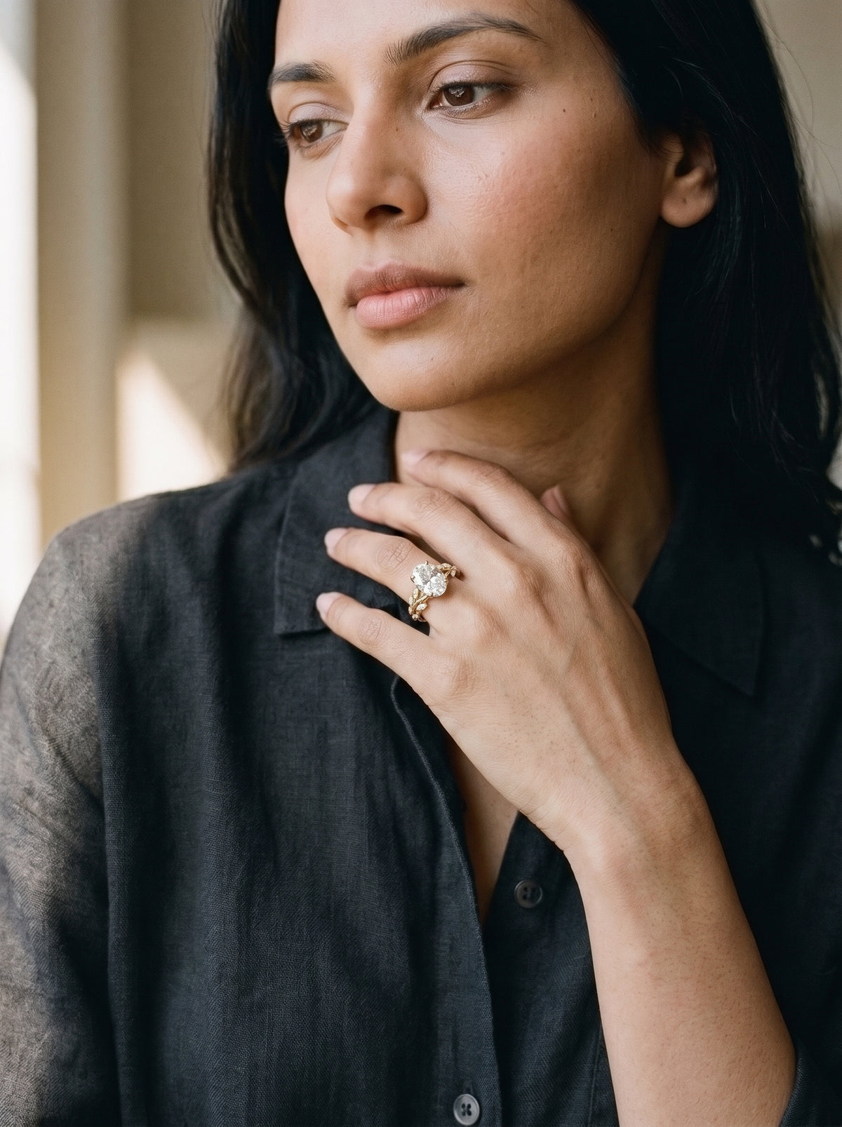 Oval Diamond Marquise Vine Engagement Ring — worn view