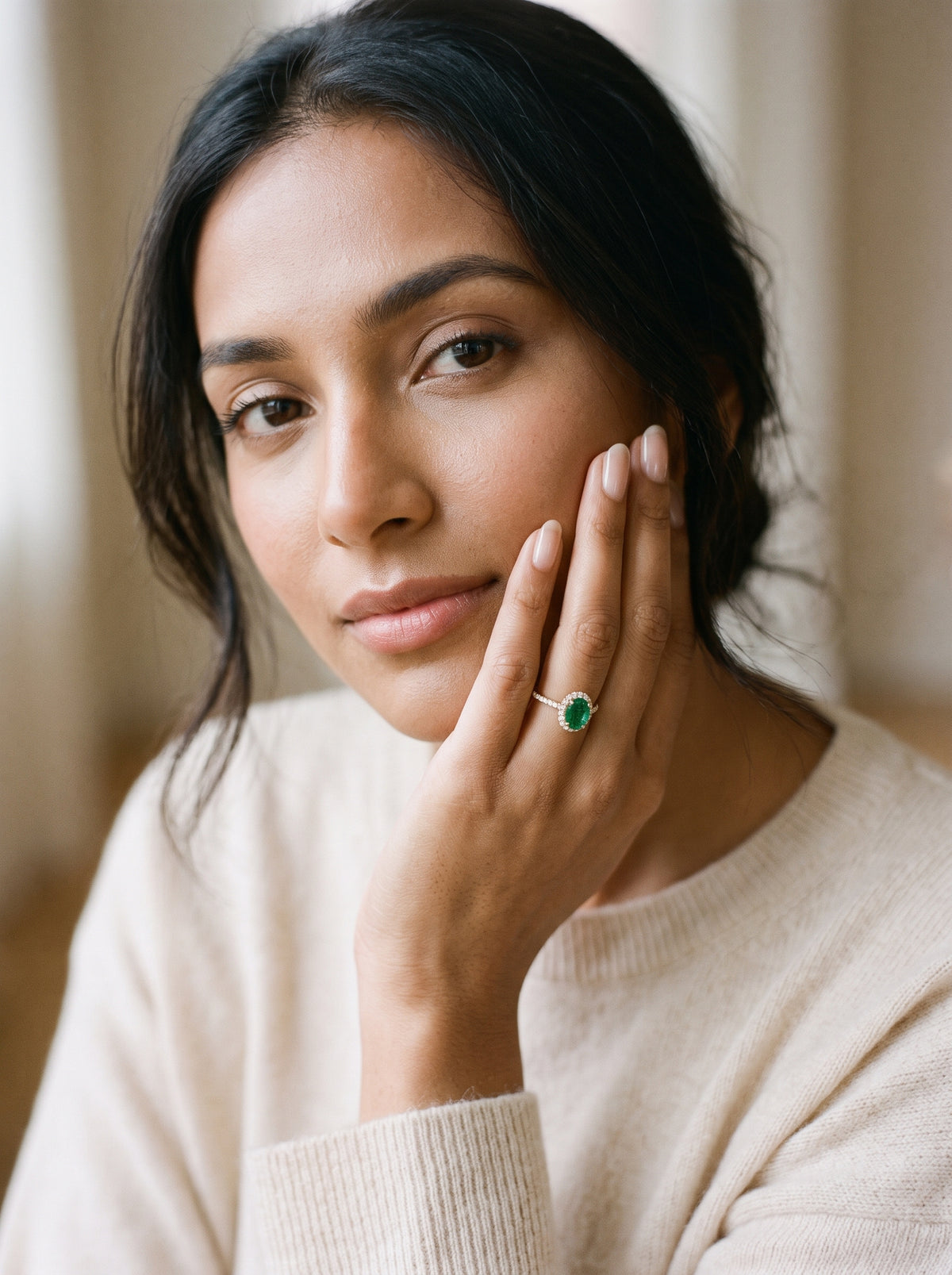 1ct Oval Emerald Halo Engagement Ring — worn view