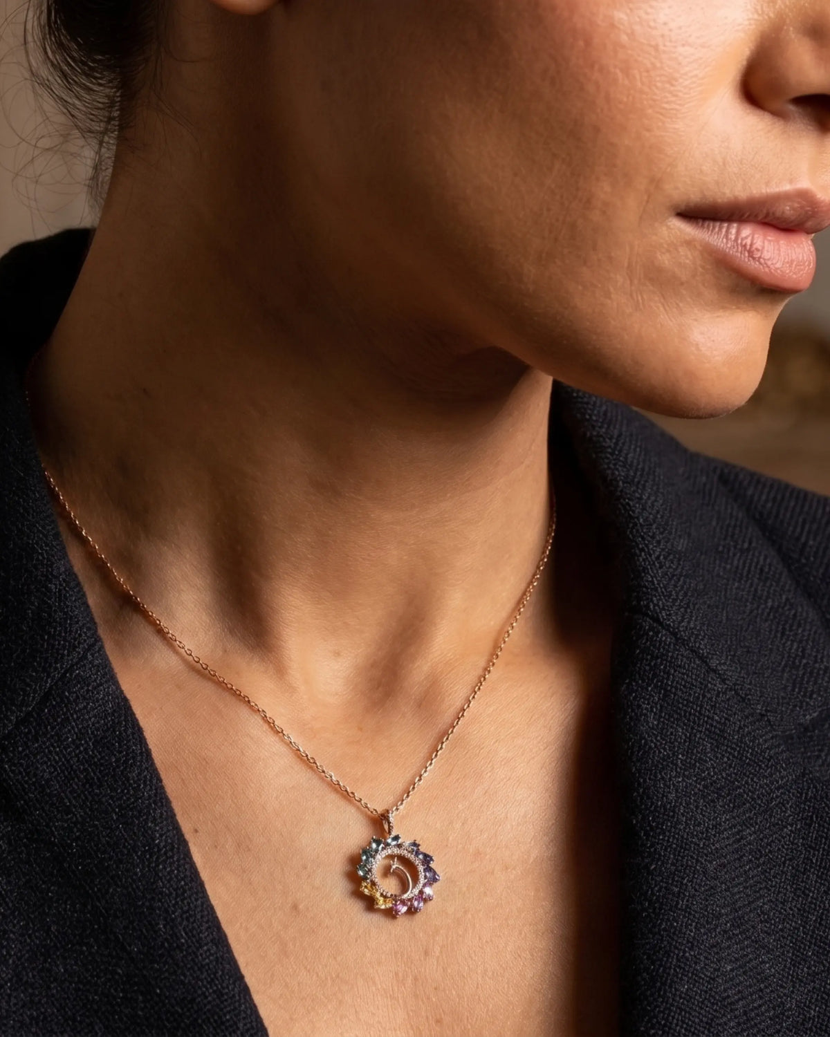 Peacock Splendor Necklace in 18K rose gold, worn view — Ceylon Artisans (18kt Rose Gold)